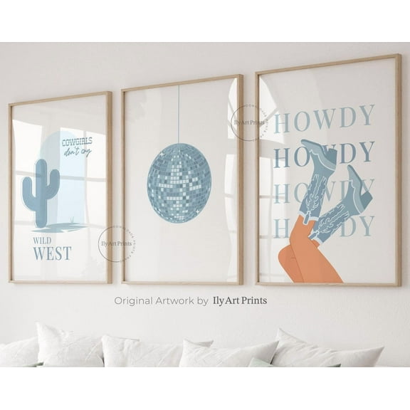 Luvia Blue Coastal Disco Cowgirl Set Of 3, Trendy Preppy, Wild West Art Prints, Vintage Western Cowgirl Art, Howdy, Modern Wall Decor Set 3 Prints 8x12 UNFRAMED