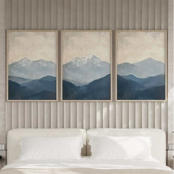 Luvia Blue Mountains Set Of 3 Wall Art Poster Or Print, Minimalist Snow Capped Peaks, Neutral Montana, Mountain Silhouette Decor, Modern Wall Decor Set 3 Prints 16x24 UNFRAMED