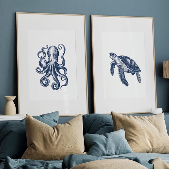 Luvia Blue Sea Turtle And Octopus Line Art Drawing Set Of 2 Poster, Ocean Minimalist Coastal Wall Art, Modern Wall Decor Set 2 Prints 16x24 UNFRAMED