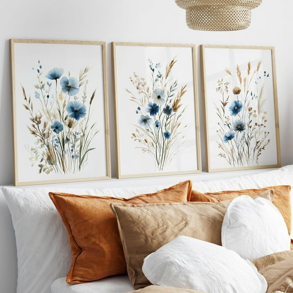 Luvia Blue Wildflower Art Prints Set Of 3 Wall Art Poster Or Print, Boho Floral Wall Art, Minimalist Nature Art, Botanical Print, Modern Wall Decor Set 3 Prints 8x12 UNFRAMED
