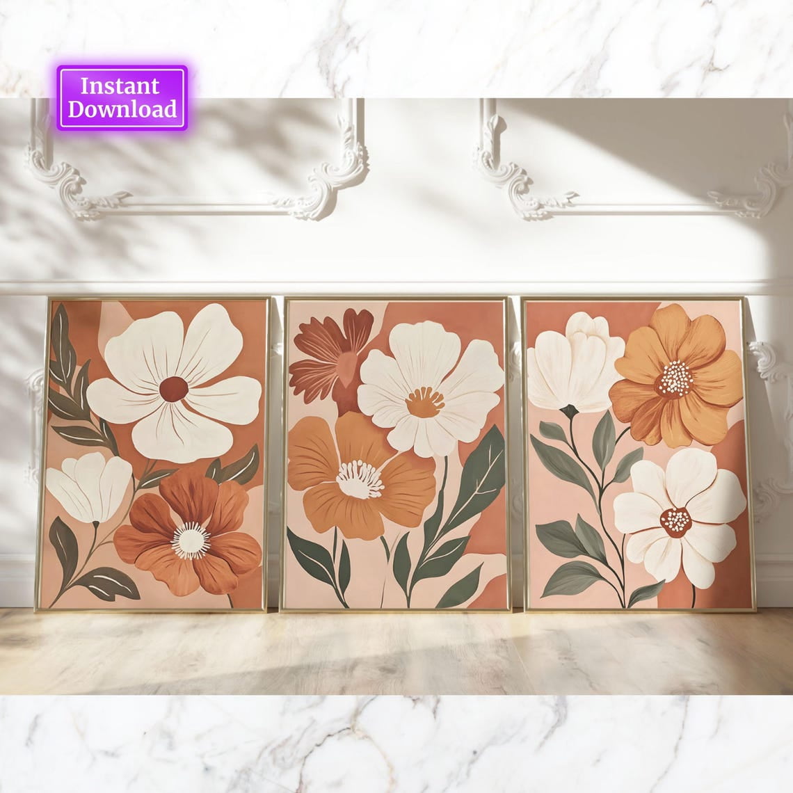 Luvia Boho Abstract Flowers Set Of 3 Terracotta Prints Floral Vintage ...
