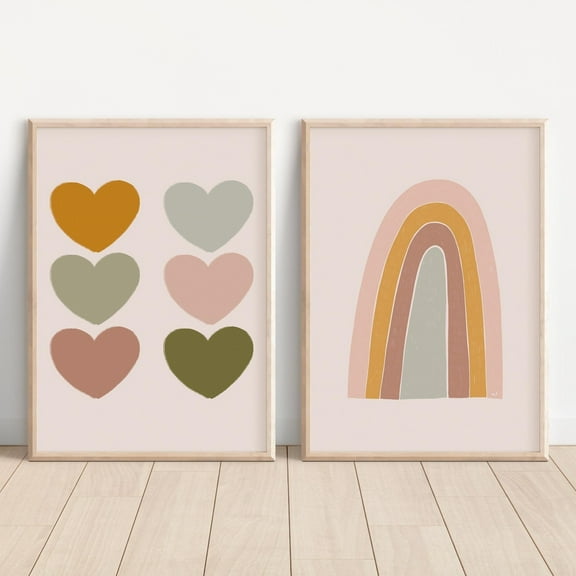 Luvia Boho Set Of 2, Boho Nursery, Baby Room Decoration, Terracotta Mustard, Neutral Baby Rainbow, Girls Gallery Wall, Hearts, Modern Wall Decor Set 2 Prints 8x12 UNFRAMED