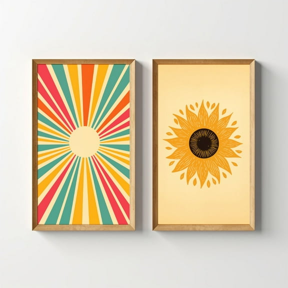 Luvia Boho Sunshine Art Set, 2 Boho Sun Posters, Rainbow Sunrise Artwork, Retro Eye Of Sun, Vintage Sun Ray Dorm Decor, Modern Wall Decor Set 2 Prints 8x12 UNFRAMED