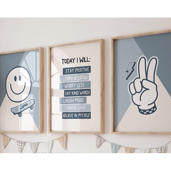 Luvia Boys Art, Positive Print, Smiley Lightning Gallery Wall Set Of 3, Blue Boy Nursery Decor, Quote Boy, Retro Boys Print, Modern Wall Decor Set 3 Prints 8x12 UNFRAMED