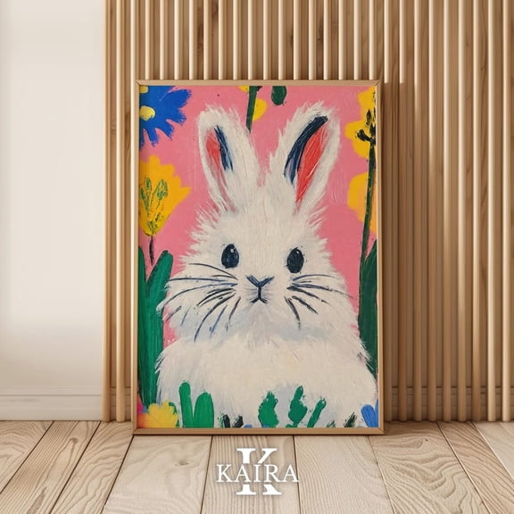 Luvia Bunny Poster, Whimsical Rabbit Wall Art with Colorful Floral Design, 8x12 UNFRAMED