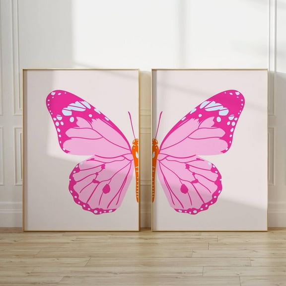 Luvia Butterfly Set Of 2 Pink Preppy Posters Split Butterfly Pink Butterfly Colorful Butterfly Art Trendy Pink, Modern Wall Decor Set 2 Prints 16x24 UNFRAMED