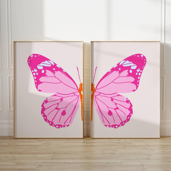 Luvia Butterfly Set Of 2 Pink Preppy Posters Split Butterfly Pink Butterfly Colorful Butterfly Art Trendy Pink, Modern Wall Decor Set 2 Prints 8x12 UNFRAMED