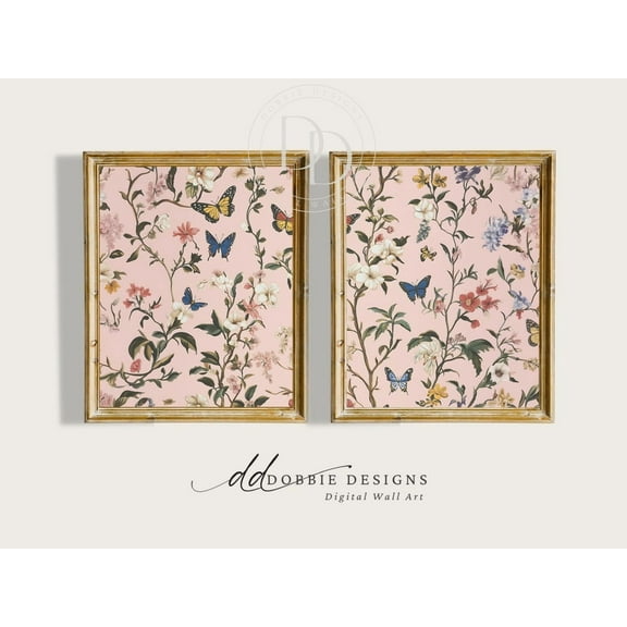 Luvia Butterfly Wildflower Pink Botanical Vintage- Inspired Floral Decor Cottagecore Nursery 251011- 1, Modern Wall Decor Set 2 Prints 8x12 UNFRAMED