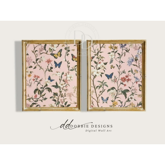 Luvia Butterfly Wildflower Pink Botanical Vintage- Inspired Floral Decor Cottagecore Nursery 251011- 1, Modern Wall Decor Set 2 Prints 8x12 UNFRAMED