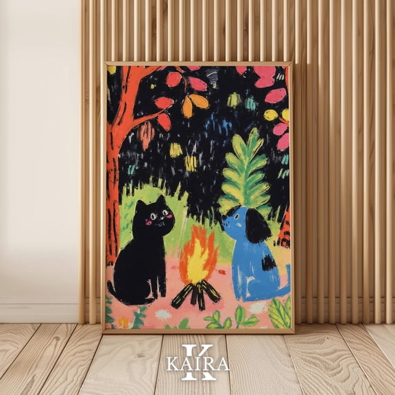 Luvia Campfire Night Poster, Whimsical Black Cat and Blue Dog Forest Wall Art, 16x24 UNFRAMED