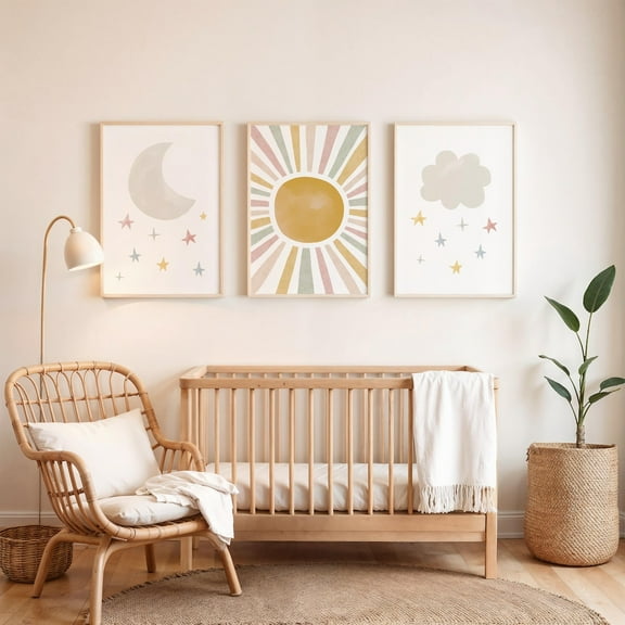 Luvia Celestial Nursery Art Set Of 3, Cloud Moon Sun, Gender Neutral Baby Room Decor, Boho, Modern Wall Decor Set 3 Prints 8x12 UNFRAMED