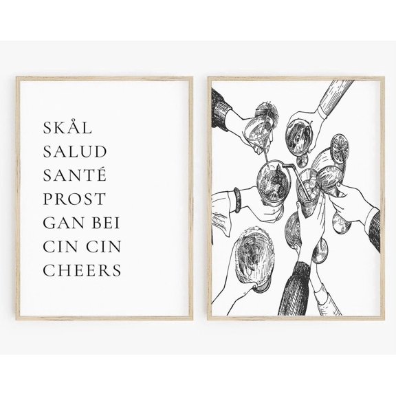 Luvia Cheers Poster Set Of 2, Cheers Sign, Bar Cart Print, Cocktail Print, Bar Cart, Prost Salud Skal Cin Cin, Cheers Print, Modern Wall Decor Set 2 Prints 20x30 UNFRAMED