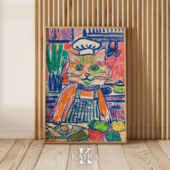 Luvia Chef Cat Poster, Colorful Kitchen Wall Art for Cooking Enthusiasts, 8x12 UNFRAMED