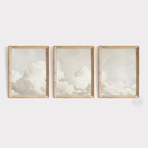 Luvia Cloud Set Of Three, Neutral Sky, Vintage Country Farmhouse Decor, Minimalist Living Room, Ps09, Modern Decor Set 3 Prints 16x24 UNFRAMED