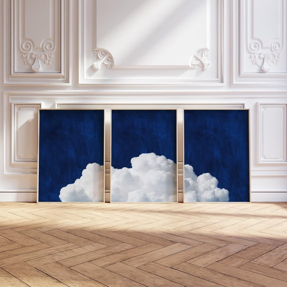 Luvia Clouds Prints, Navy Blue, Set Of 3, Apartment Decor, Night Sky, Japandi, Above Bed Decor, Bedroom, Modern Wall Decor Set 3 Prints 16x24 UNFRAMED