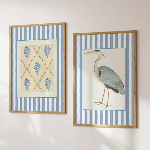 Luvia Coastal Set Of 2, Blue Stripe Bird And Pattern Prints, Nautical Beach House Decor, Preppy Coastal Granddaughter, Modern Wall Decor Set 2 Prints 8x12 UNFRAMED