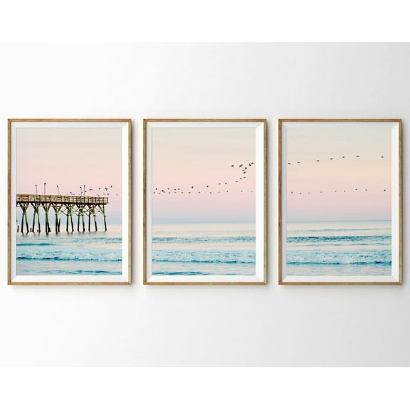 Luvia Coastal Set Of 3 Prints Ocean 3 Piece Bedroom Decor Beach Ocean Sunset Living Room Decor, Modern Wall Decor Set 3 Prints 12x18 UNFRAMED