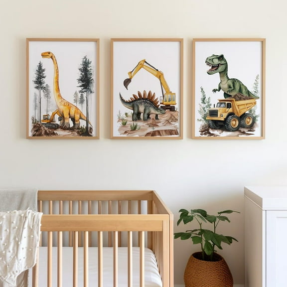 Luvia Construction Dinosaurs 3 Piece Set Wall Art Poster, Cute Dinosaur Nursery Decor, Minimalist Modern Animal Print, Modern Wall Decor Set 3 Prints 8x12 UNFRAMED