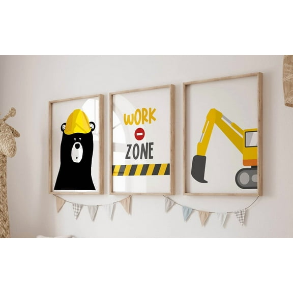 Luvia Construction Vehicle Boys Room Decor, Toddler, Construction, Bulldozer Print, Dump Truck Poster, Boys, Modern Wall Decor Set 3 Prints 8x12 UNFRAMED