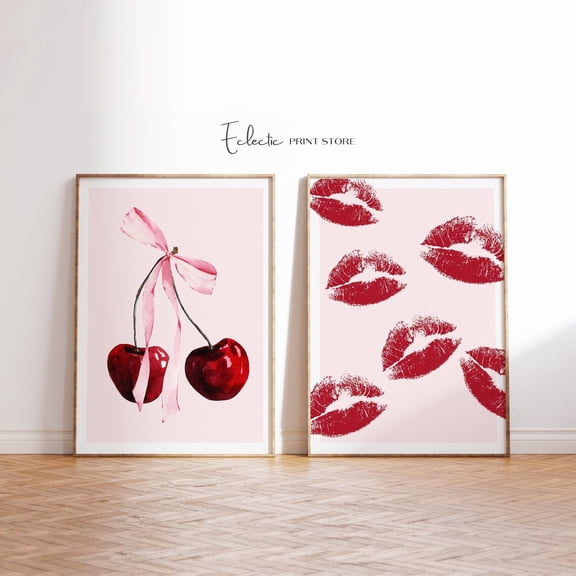 Luvia Coquette Set Of 2 Prints Cherry Poster Pink Bow Ma Cherie Romantic Girly Dorm Room Decor, Modern Wall Decor Set 2 Prints 8x12 UNFRAMED