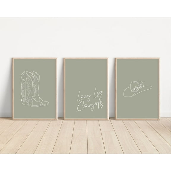 Luvia Cowgirl Print Set Of 3 / Sage Green Print Set, Cowboy Hat Print, Cowgirl Prints, Cowboy Boots, Dorm Room Prints, Modern Wall Decor Set 3 Prints 12x18 UNFRAMED