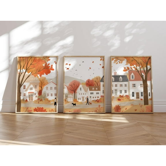 Luvia Cozy Autumn Wall Art Set of 3, Cute Fall Season Decor, Warm Tone Cottagecore Art, Cityscape Village Art Wall Decor Set 3 Prints 8x12 UNFRAMED