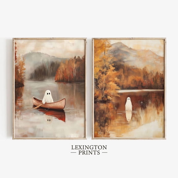 Luvia Cute Ghost Set of 2 Prints, Wall Art, Dark Fall Lake Art, Cute Ghost Print, Vintage Art 834 Wall Decor Set 2 Prints 20x30 UNFRAMED