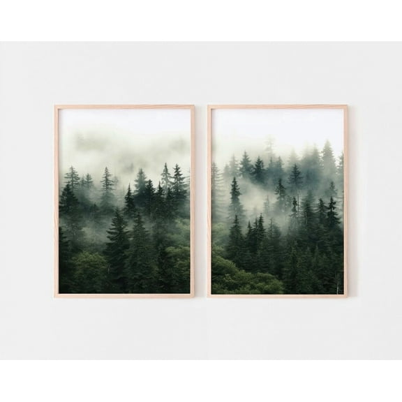 Luvia Dark Foggy Forest 2 Piece, Misty Pine Trees Forest Nature Forest Photography, , Modern Wall Decor Set 2 Prints 8x12 UNFRAMED
