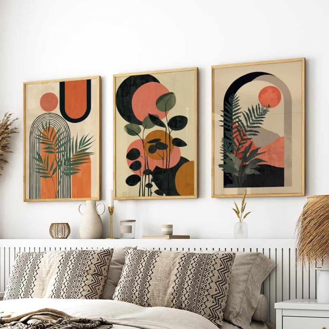 Luvia Dark Green Tropical Botanical Boho Abstract 3 Piece Set Wall Art ...