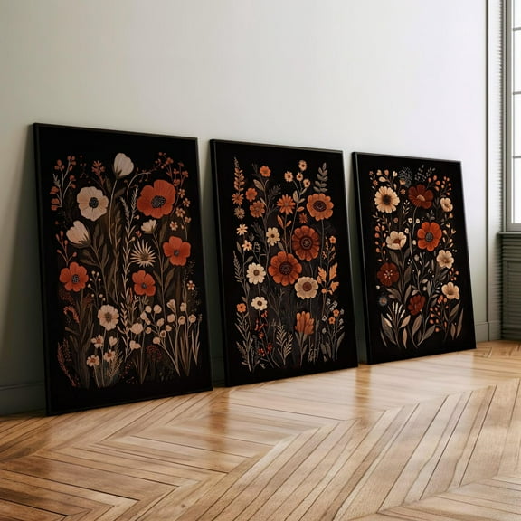 Luvia Dark Moody Wildflower 3 Piece Set Wall Art Poster Or Print, Dark Cottagecore Botanical Wall Decor, Elegant Flower Art Print, Modern Wall Decor Set 3 Prints 12x18 UNFRAMED