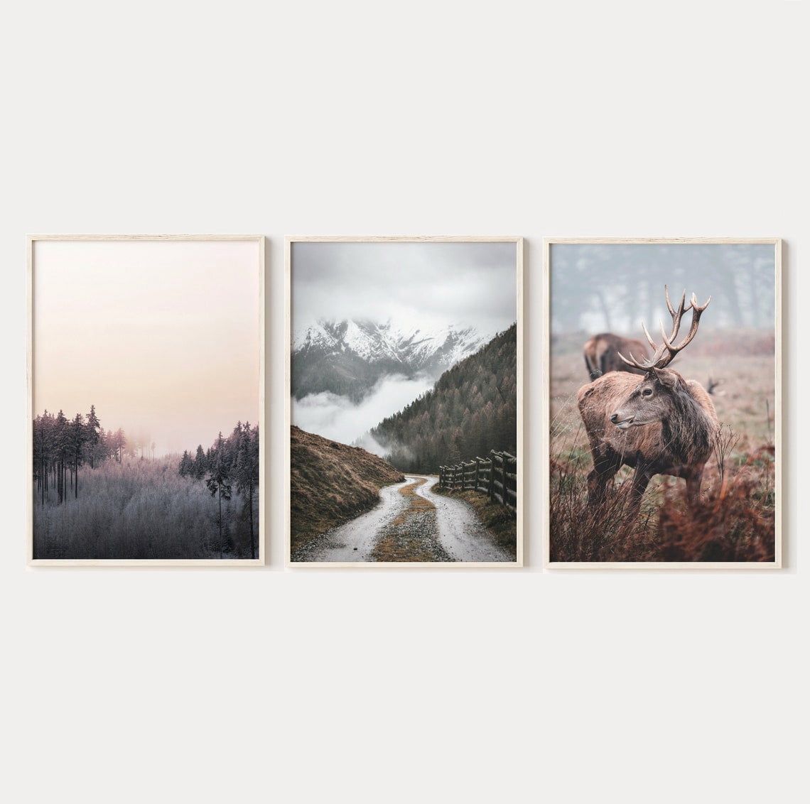 Luvia Deer Prints Set Of 3, Nordic Forest Art, Mountain Landscape Print ...