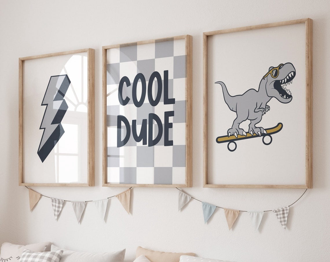 Luvia Dinosaur Nursery Boy Room Dino Art, Blue Skateboard T- Rex, Cool Dude, Dino Toddler Room Poster, Modern Boys Prints, Modern Wall Decor Set 3 Prints 12x18 UNFRAMED