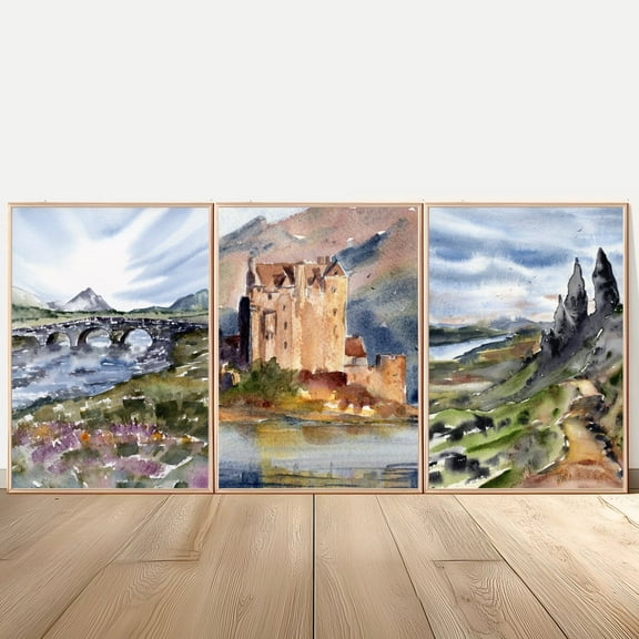 Luvia Eilean Donan Castle Poster Isle Of Skye Fine Art Scottish Landscape Castle Scotland Set Of 3 Prints, Modern Wall Decor Set 3 Prints 12x18 UNFRAMED