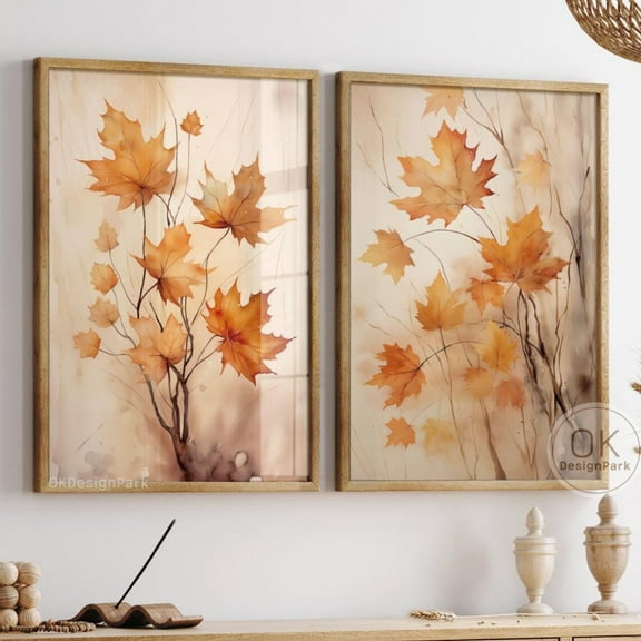 Luvia Fall Decor Prints Set of 2, Farmhouse Autumn Fall Leaves Art, Autumn Pumpkin Print, Autumn Wall Art Wall Decor Set 2 Prints 8x12 UNFRAMED