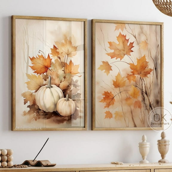 Luvia Fall Decor Prints Set of 2, Farmhouse Autumn Fall Leaves Art, Autumn Pumpkin Print, Autumn Wall Decor Set 2 Prints 8x12 UNFRAMED