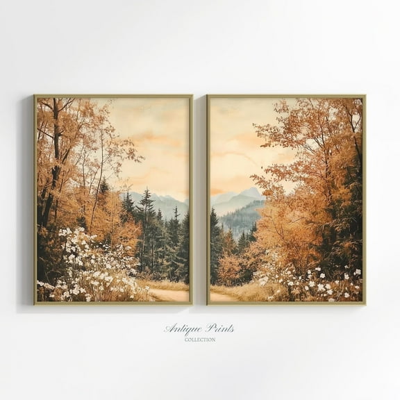 Luvia Fall Forest 2 Pieces Wall Art, Mountain Landscape Set of 2 Split Prints, Autumn Countryside, Rustic Farmhouse Decor Wall Decor Set 2 Prints 8x12 UNFRAMED