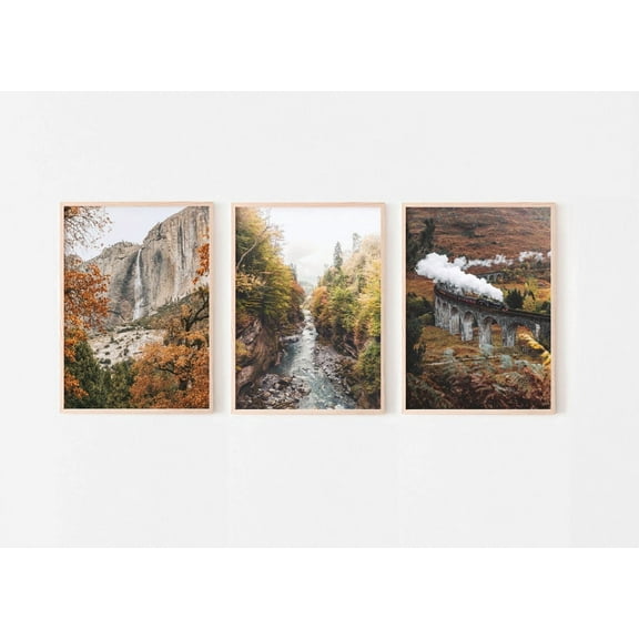Luvia Fall Landscape, Set Of 3 Autumn Photography, Fall Nature Decor, Glenfinnan Viaduct Picture, Modern Wall Decor Set 3 Prints 20x30 UNFRAMED