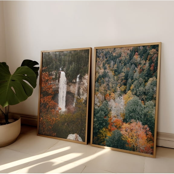 Luvia Fall Nature Set Of 2 Autumn Waterfall Photography, Aerial Forest Poster, , Modern Wall Decor Set 2 Prints 8x12 UNFRAMED