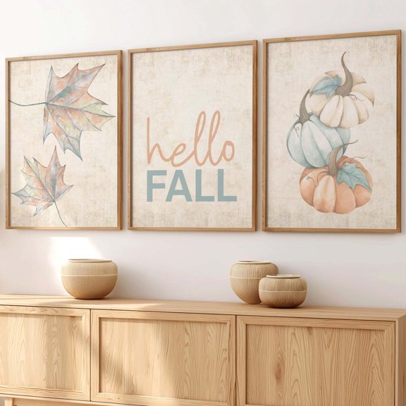 Luvia Fall Prints Set of 3, Neutral Teal Orange Fall Decor, Seasonal Wall Art, Autumns, Hello Fall Sign, Pumpkin Wall Decor Set 3 Prints 12x18 UNFRAMED