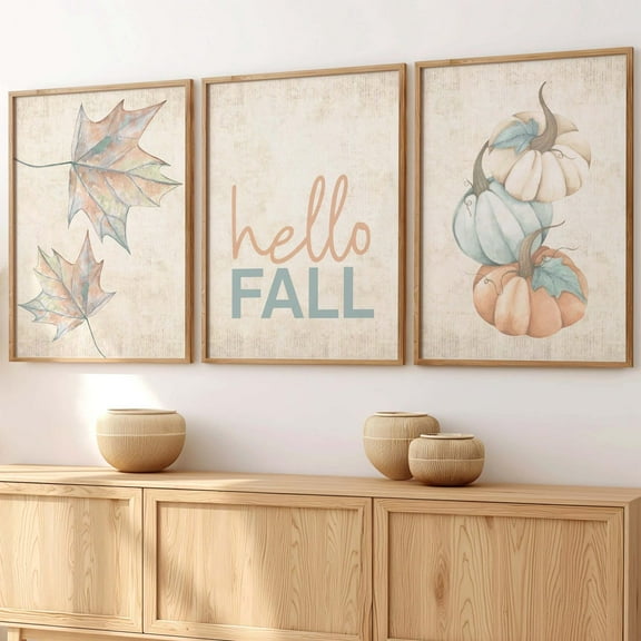 Luvia Fall Prints Set of 3, Neutral Teal Orange Fall Decor, Seasonal Wall Art, Autumns, Hello Fall Sign, Pumpkin Wall Decor Set 3 Prints 8x12 UNFRAMED