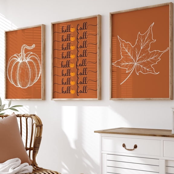 Luvia Fall Wall Print Set, Autumn Wall Prints, Orange Hello Fall Prints, Pumpkin Wall Decor, Fall Quate Poster, Autumn Leaves Wall Decor Set 3 Prints 8x12 UNFRAMED