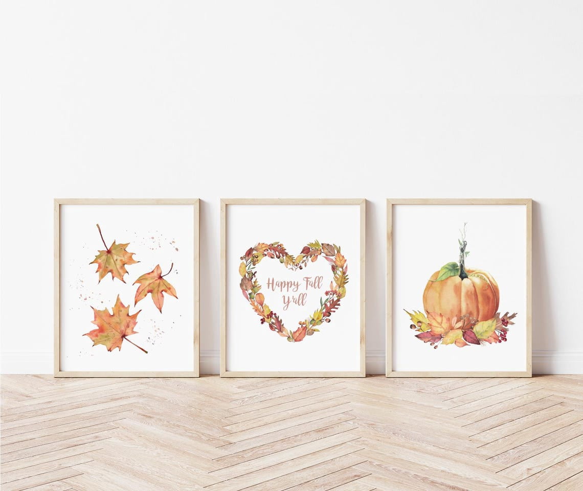 Luvia Fall leaves and pumpkin print set of 3. Autumn maple leaves ...