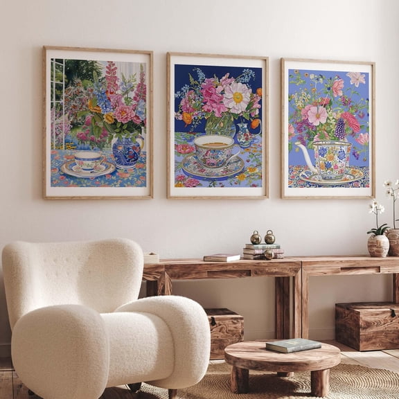 Luvia Floral Tea Art Set Of 3 Posters - Retro Inspired Flower And Tea Cup - Vibrant Botanical Tea Cup Prints, Modern Wall Decor Set 3 Prints 12x18 UNFRAMED