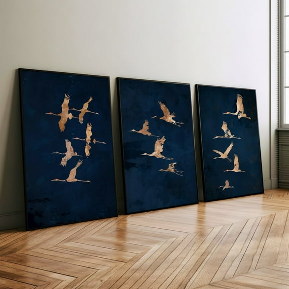 Luvia Flying Cranes Dark Blue Set Of 3 Wall Art Japandi Decor Or, Blue And Gold Japanese Wall Art, Minimalist Bird Japanese Poster Print, Modern Wall Decor Set 3 Prints 8x12 UNFRAMED