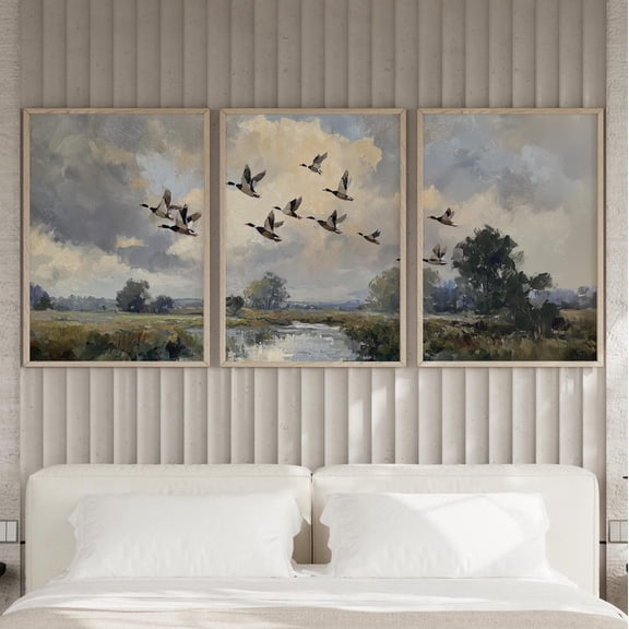 Luvia Flying Ducks Over River Set Of 3 Poster Or, Vintage Countryside Print,Mpressionist Farmhouse Prints, Flying Bird Flock Art, Modern Wall Decor Set 3 Prints 20x30 UNFRAMED