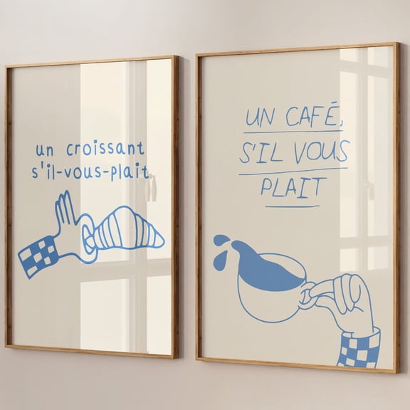 Luvia French Cafe Set, Coffee And Croissant Posters, Kitchen Decor, French Bistro, Blue Wal Art, Modern Wall Decor Set 2 Prints 8x12 UNFRAMED