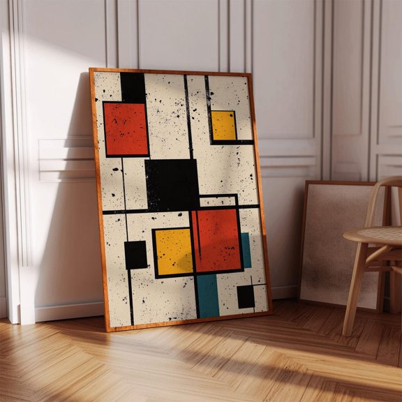 Luvia Geometric Abstract Poster Red Yellow Black Grid Mondrian Inspired Minimalist Artwork for Contemporary Decor, 16x24 UNFRAMED