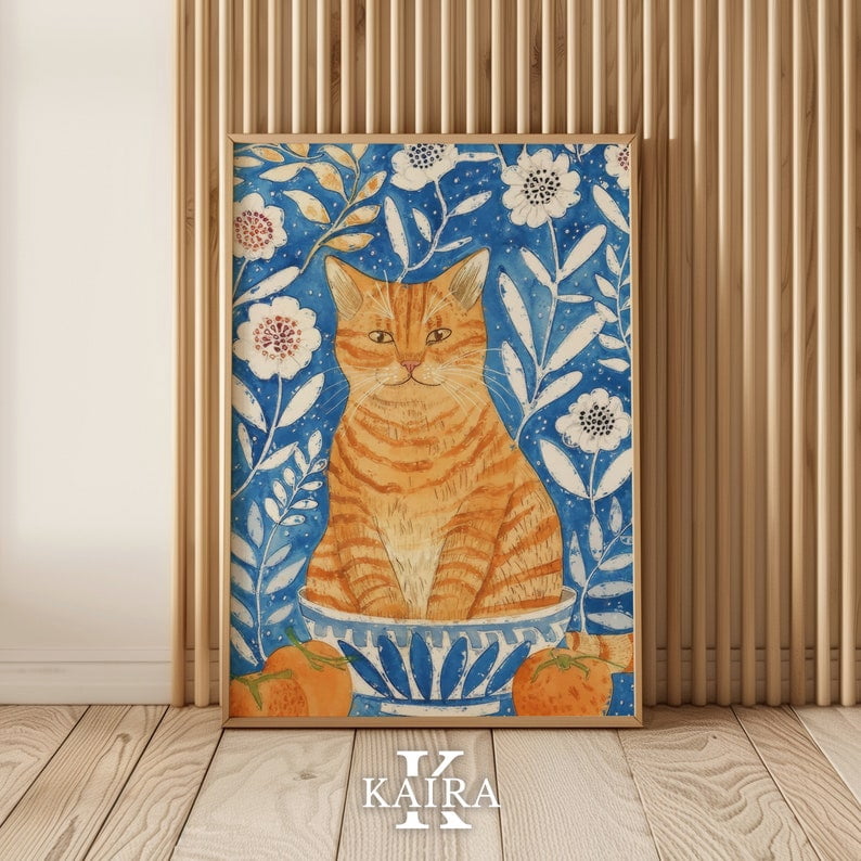 Luvia Ginger Cat in Bowl Poster, Whimsical Floral Wall Art with Cute ...