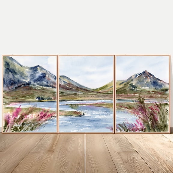 Luvia Glencoe Poster Scottish Art Blooming Heather Fine Art Scottish Mountain Cottage Pink Flower Set Of 3 Prints, Modern Wall Decor Set 3 Prints 12x18 UNFRAMED