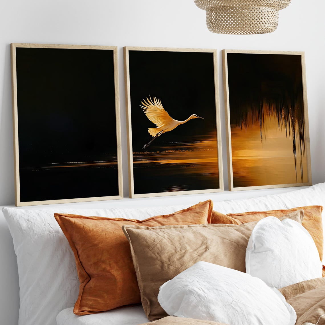 Luvia Golden Japanese Crane Wall Art Set Of 3 Poster Or Print, Black ...